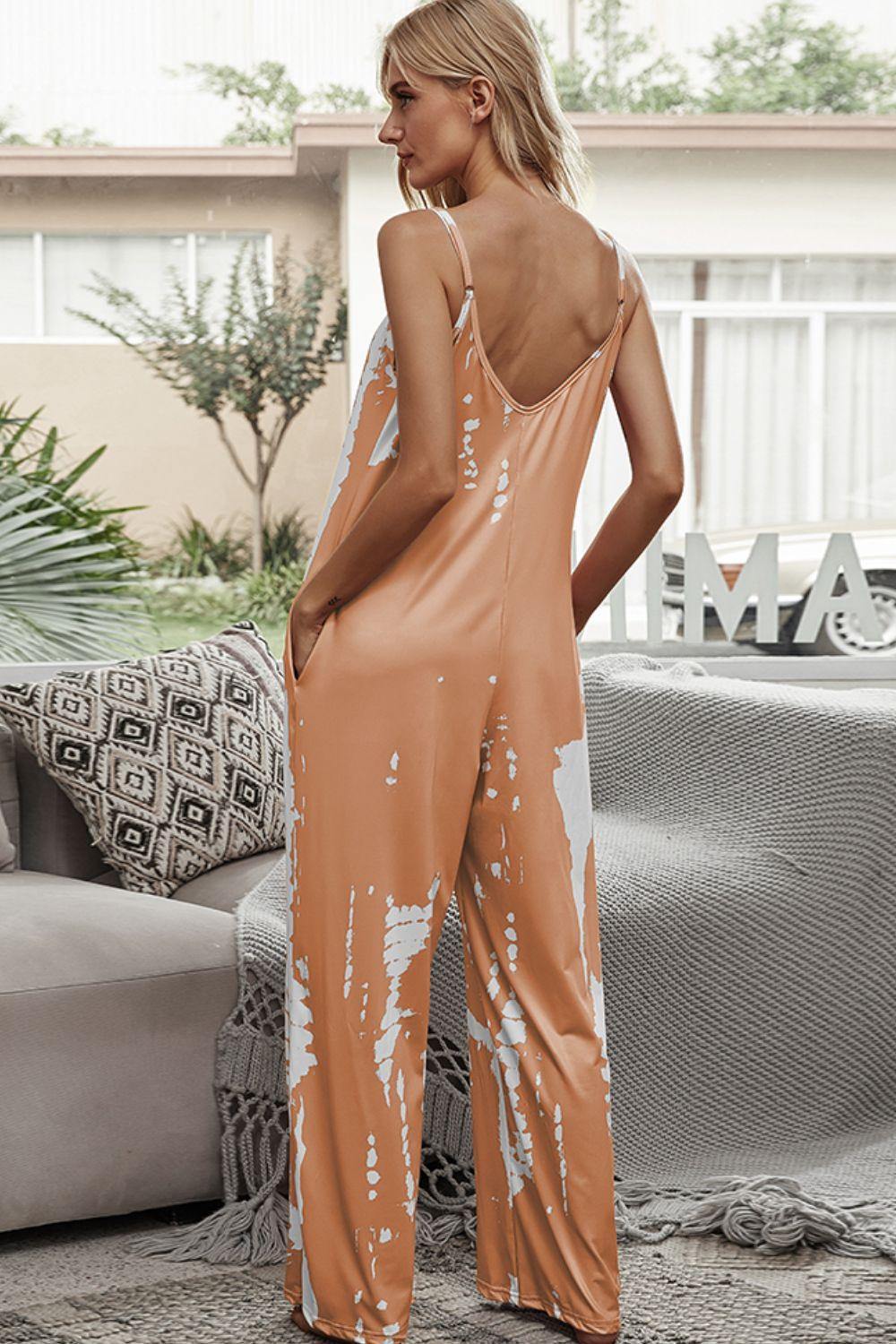 Tie-Dye Spaghetti Strap Jumpsuit with Pockets - Flyclothing LLC