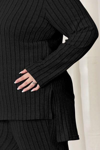 Basic Bae Full Size Ribbed High-Low Top and Wide Leg Pants Set - Trendsi