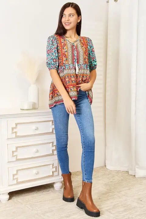 Double Take Bohemian Tassel Tie Puff Sleeve Babydoll Blouse - Trendsi - Flyclothing LLC