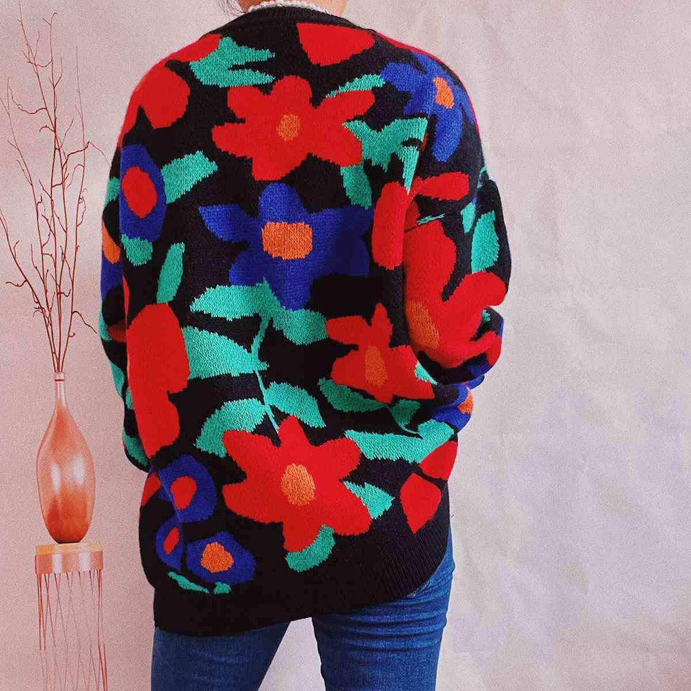 Floral Print Round Neck Drop Shoulder Sweater - Trendsi - Flyclothing LLC