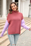 Color Block Turtleneck Slit Sweater - Trendsi - Flyclothing LLC