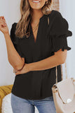 Smocked Flounce Sleeve Notched Neck Blouse - Trendsi - Flyclothing LLC