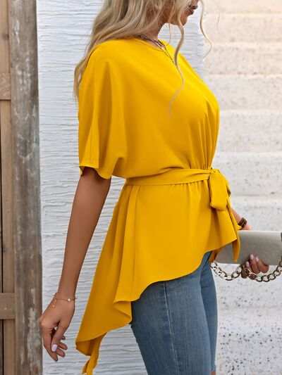 Tied Round Neck Half Sleeve Blouse - Trendsi - Flyclothing LLC