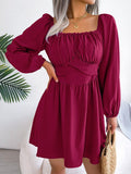 Tied Square Neck Balloon Sleeve Dress - Flyclothing LLC