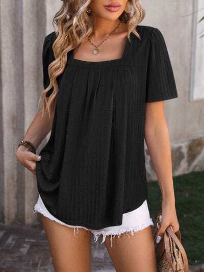 Ruched Square Neck Short Sleeve Blouse - Trendsi - Flyclothing LLC