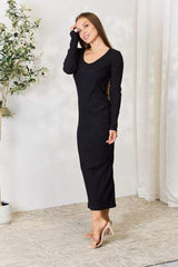 Culture Code Full Size Ribbed Long Sleeve Midi Slit Dress - Trendsi - Flyclothing LLC