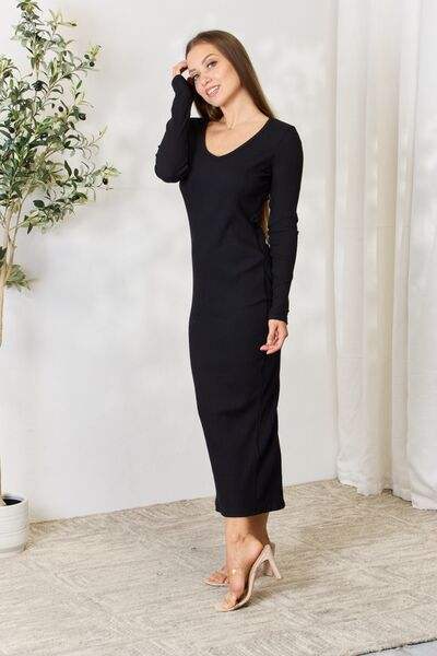 Culture Code Full Size Ribbed Long Sleeve Midi Slit Dress - Trendsi - Flyclothing LLC