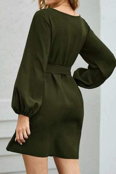 Tied Boat Neck Balloon Sleeve Mini Dress - Trendsi - Flyclothing LLC