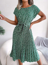 Ditsy Floral Pleated Belted Dress - Trendsi - Flyclothing LLC