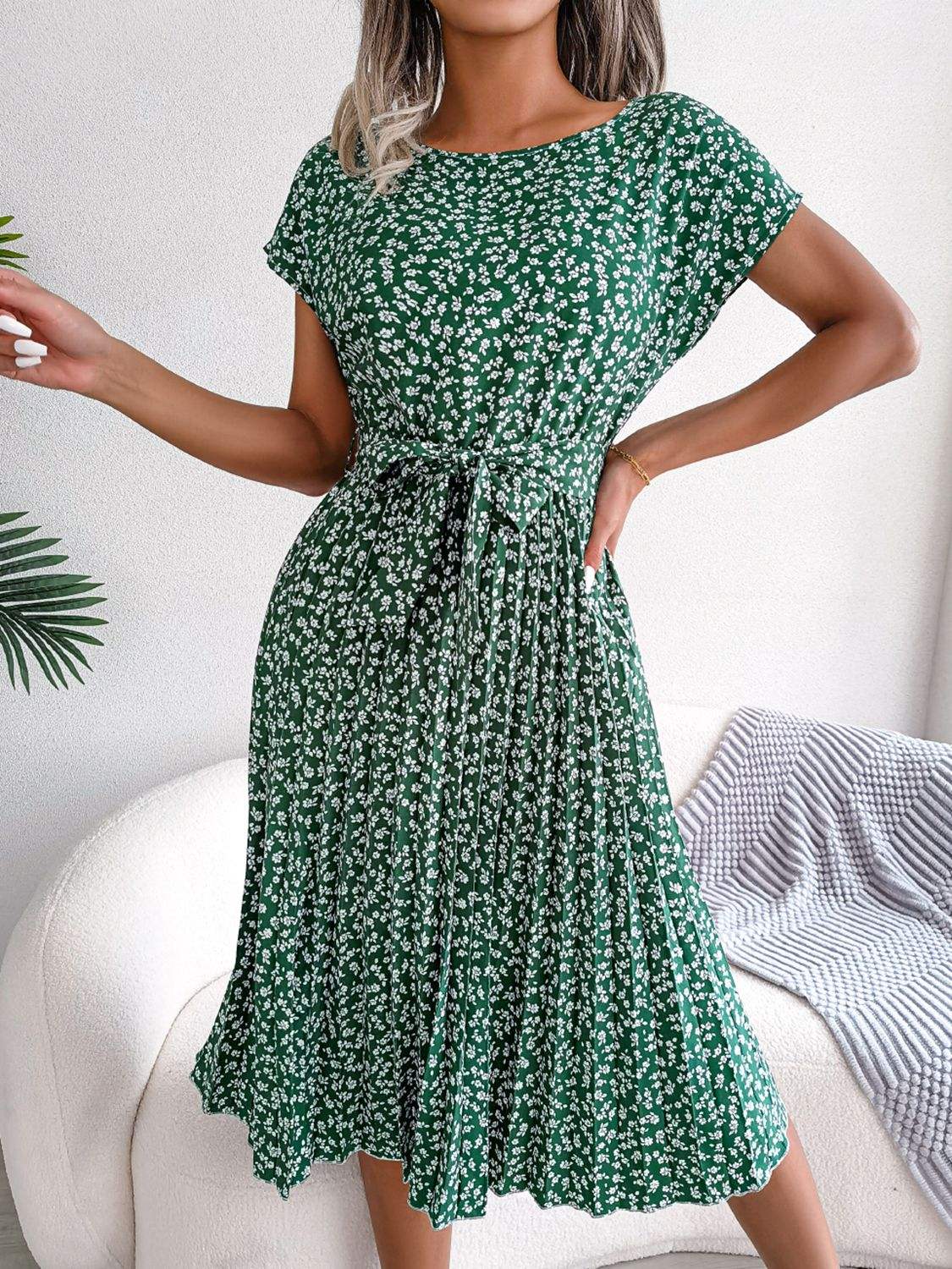Ditsy Floral Pleated Belted Dress - Trendsi - Flyclothing LLC