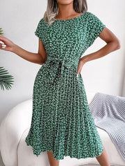 Ditsy Floral Pleated Belted Dress - Trendsi
