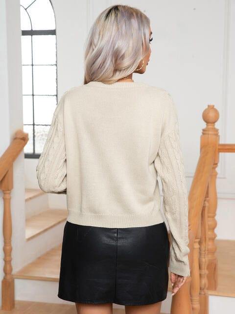 Cable-Knit Round Neck Long Sleeve Sweater - Trendsi