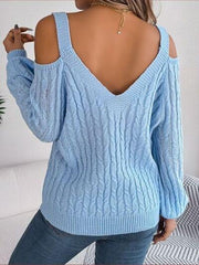 Cable-Knit Cold Shoulder Long Sleeve Sweater - Trendsi
