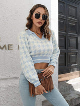 Houndstooth Johnny Collar Cropped Sweater - Trendsi - Flyclothing LLC