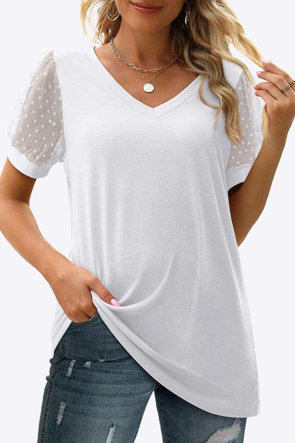 Swiss Dot Puff Sleeve V-Neck Tee - Trendsi - Flyclothing LLC