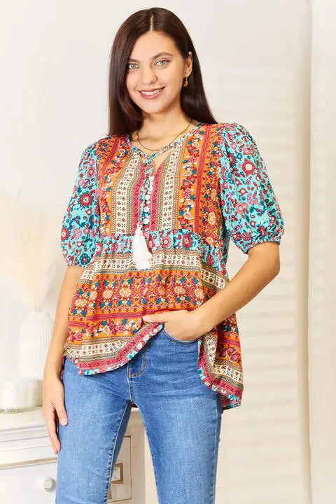 Double Take Bohemian Tassel Tie Puff Sleeve Babydoll Blouse - Trendsi - Flyclothing LLC