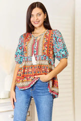 Double Take Bohemian Tassel Tie Puff Sleeve Babydoll Blouse - Trendsi - Flyclothing LLC