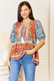 Double Take Bohemian Tassel Tie Puff Sleeve Babydoll Blouse - Trendsi