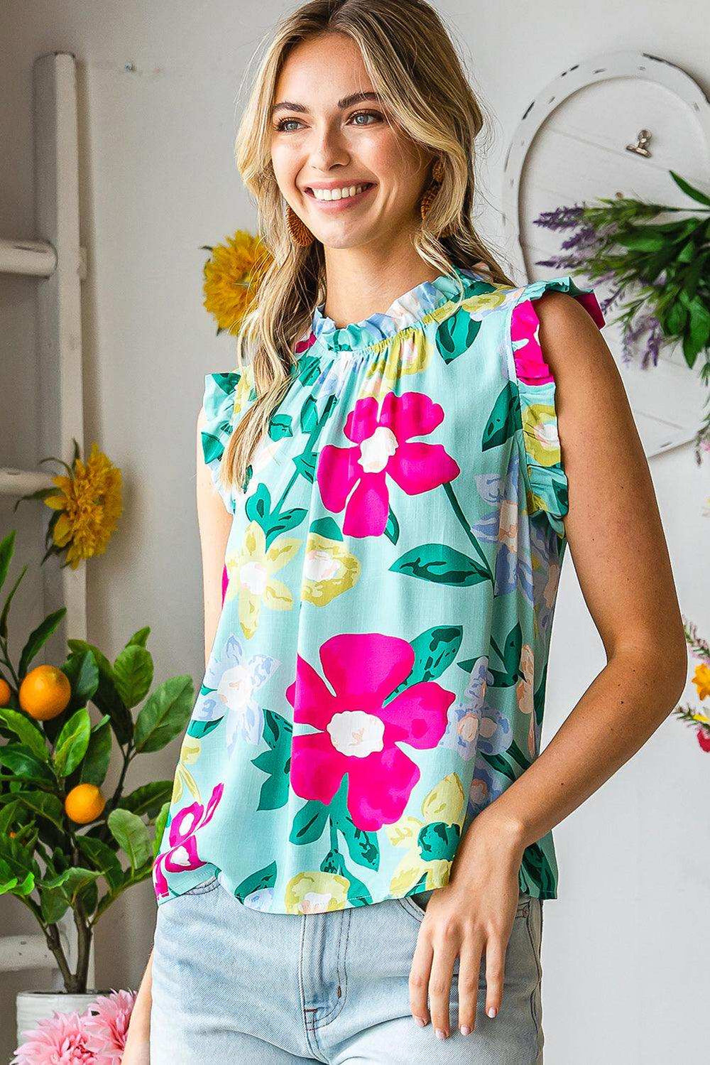Floral Print Ruffle Shoulder Blouse - Trendsi - Flyclothing LLC