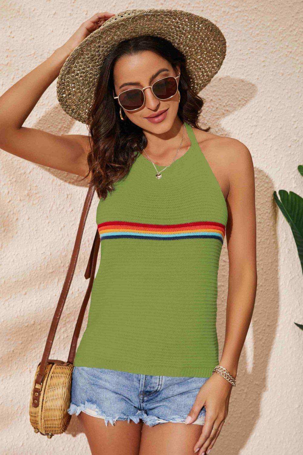 Rainbow Stripe Halter Neck Knit Tank - Trendsi - Flyclothing LLC