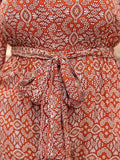Plus Size Printed V-Neck Tie Front Balloon Sleeve Jumpsuit - Trendsi - Flyclothing LLC