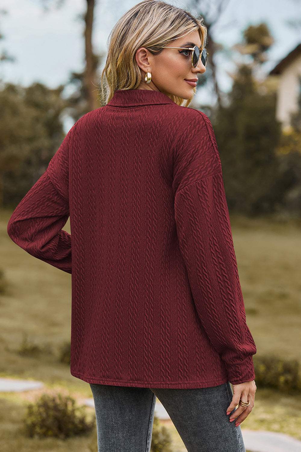 Half Button Dropped Shoulder Blouse - Trendsi - Flyclothing LLC