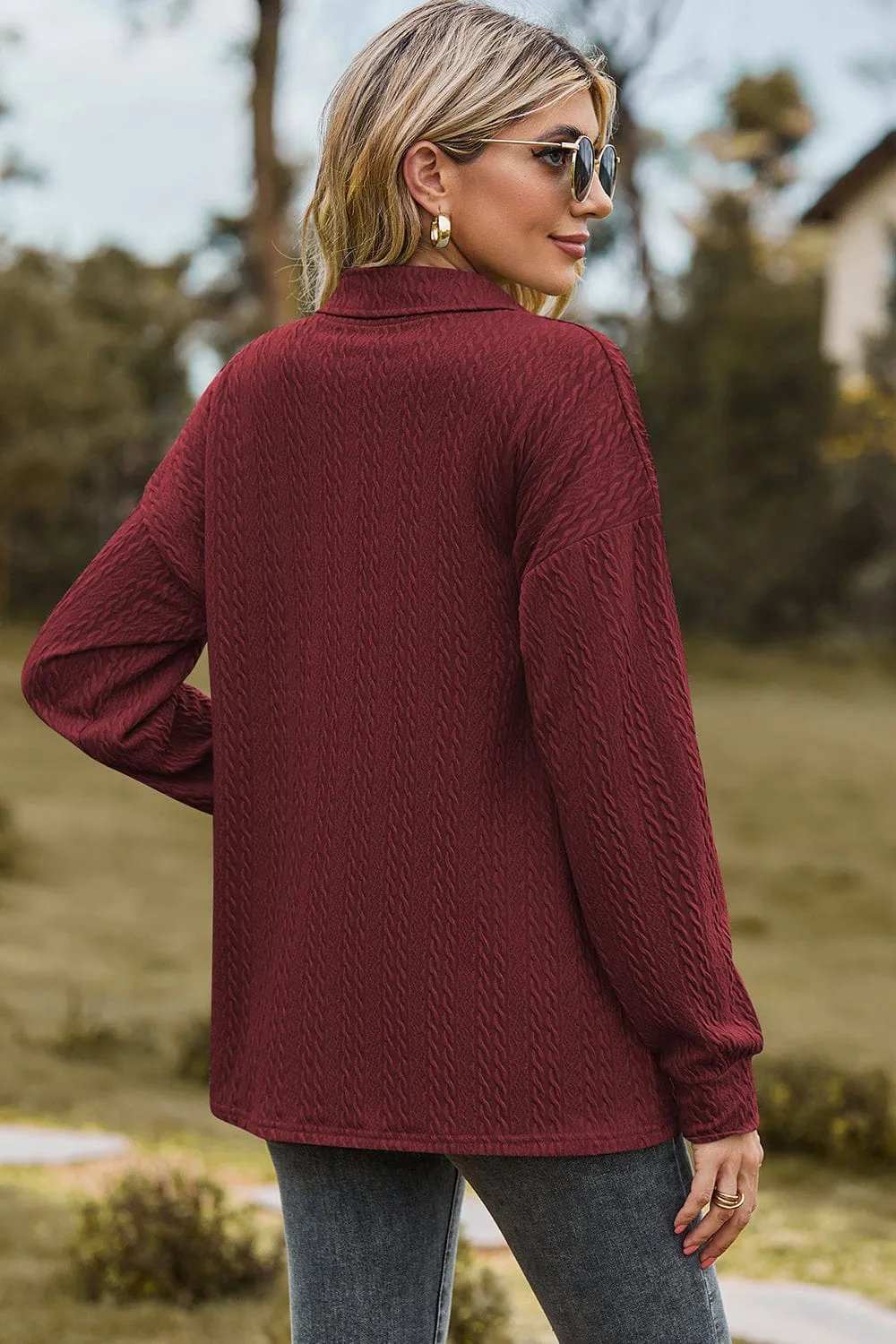 Half Button Dropped Shoulder Blouse - Trendsi - Flyclothing LLC