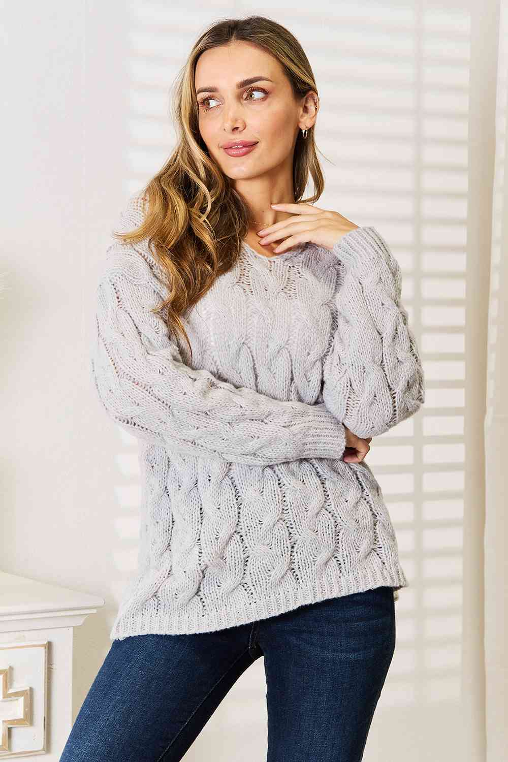 Woven Right Cable-Knit Hooded Sweater - Trendsi - Flyclothing LLC