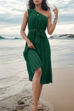 Pleated Single Shoulder Tie Waist Midi Dress - Trendsi