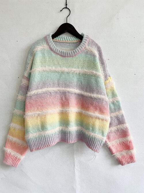 Striped Round Neck Long Sleeve Sweater - Trendsi - Flyclothing LLC