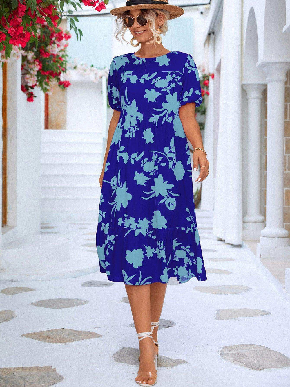 Floral Puff Sleeve Ruffle Hem Midi Dress - Trendsi - Flyclothing LLC