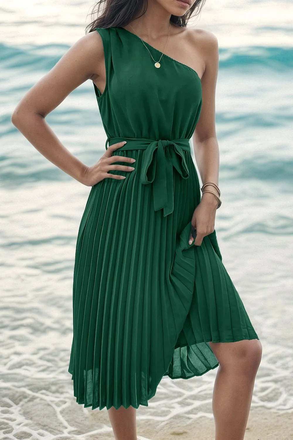 Pleated Single Shoulder Tie Waist Midi Dress - Trendsi - Flyclothing LLC