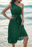 Pleated Single Shoulder Tie Waist Midi Dress - Trendsi