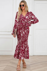 Printed V-Neck Smocked Midi Dress - Trendsi