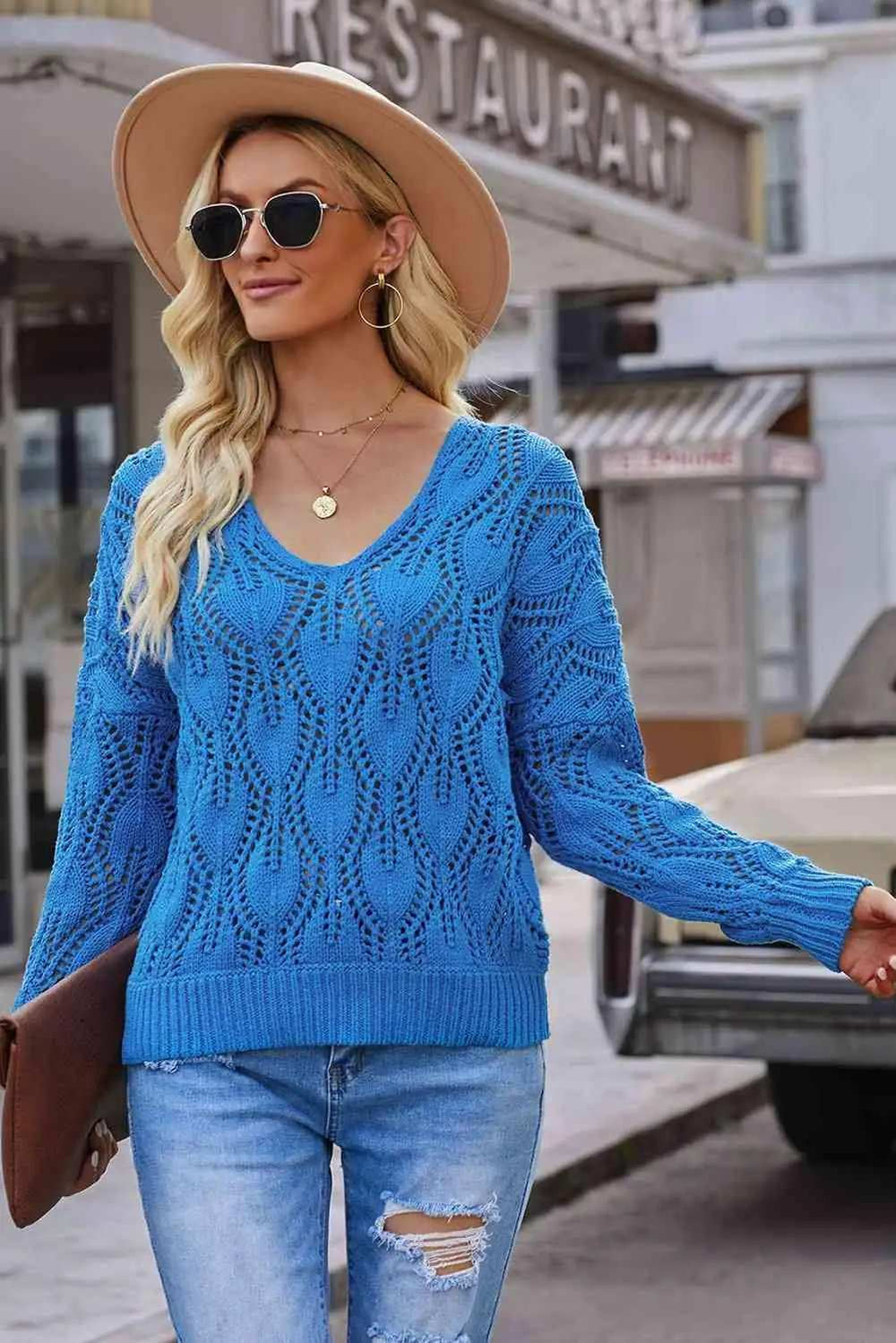 Openwork V-Neck Knit Top - Trendsi - Flyclothing LLC