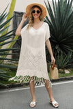 V-Neck Short Sleeve Fringe Hem Knit Dress - Flyclothing LLC
