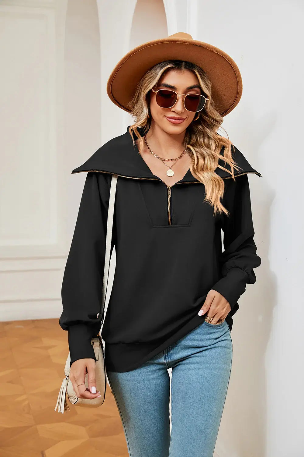 Half-Zip Collared Sweatshirt - Trendsi - Flyclothing LLC
