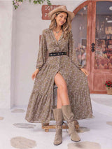 Floral Button Up V-Neck Tiered Dress - Trendsi - Flyclothing LLC
