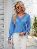 Smocked V-Neck Long Sleeve Blouse - Trendsi