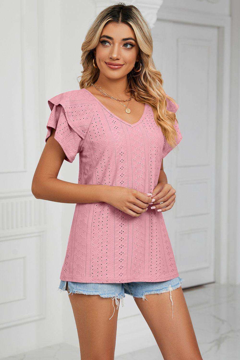 Eyelet Layered Flutter Sleeve V-Neck Knit Top - Trendsi - Flyclothing LLC