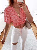 Floral Drawstring Deep V Cropped Blouse - Trendsi - Flyclothing LLC