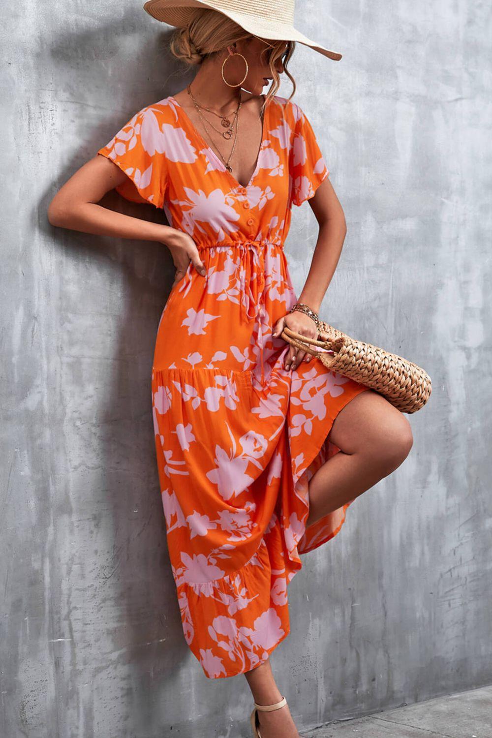 Floral Buttoned Drawstring Waist Tiered Dress - Trendsi - Flyclothing LLC