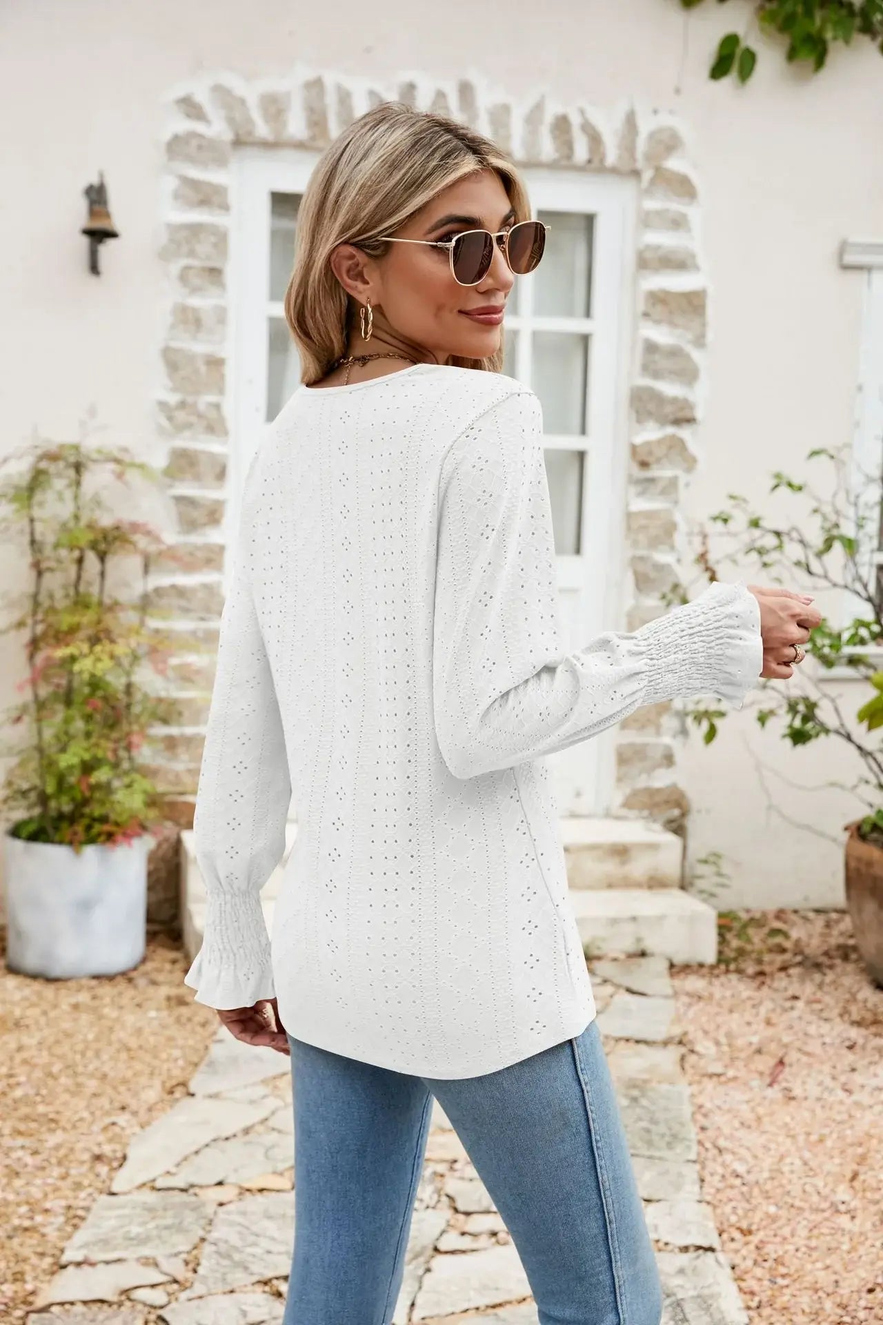 Eyelet V-Neck Smocked Flounce Sleeve Blouse - Trendsi - Flyclothing LLC