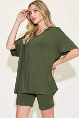 Basic Bae Full Size V-Neck Drop Shoulder Short Sleeve T-Shirt and Shorts Set - Trendsi - Flyclothing LLC
