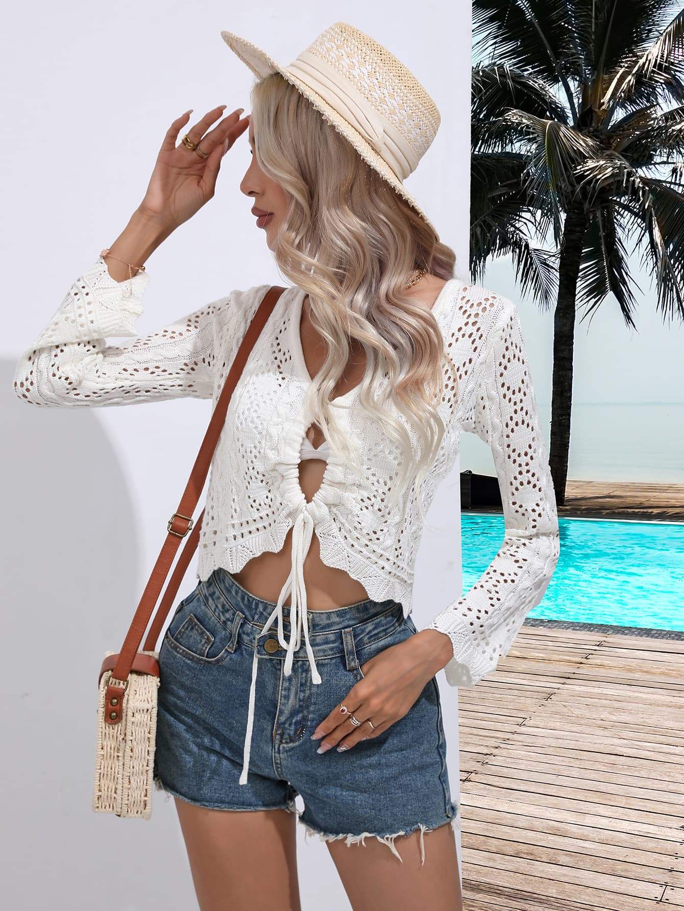 Drawstring V-Neck Long Sleeve Cover Up - Trendsi - Flyclothing LLC