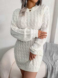 Cable-Knit Round Neck Mini Wrap Sweater Dress - Trendsi - Flyclothing LLC