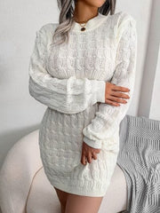 Cable-Knit Round Neck Mini Wrap Sweater Dress - Trendsi