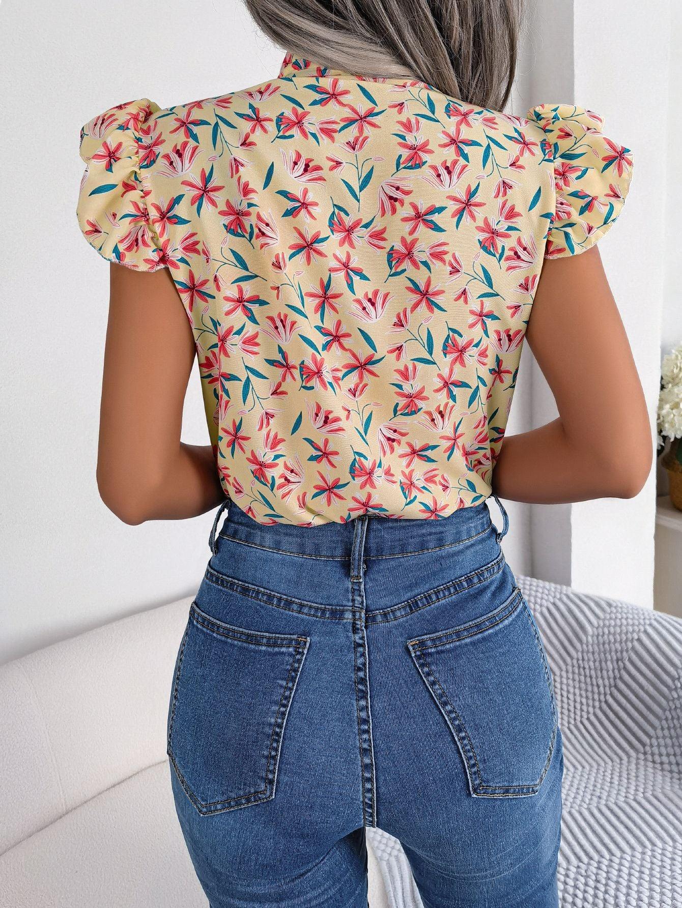 Floral Tie Neck Flutter Sleeve Blouse - Trendsi