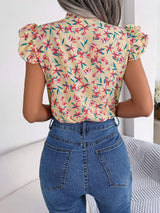 Floral Tie Neck Flutter Sleeve Blouse - Trendsi - Flyclothing LLC