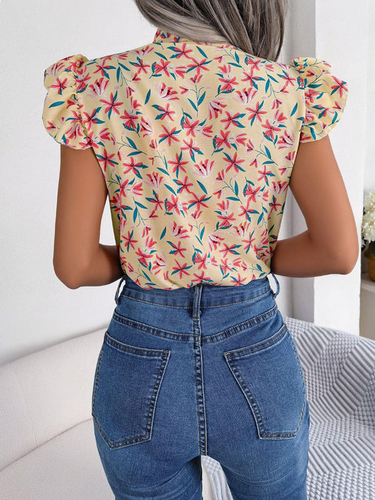 Floral Tie Neck Flutter Sleeve Blouse - Trendsi